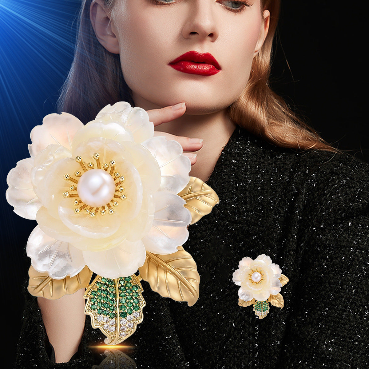Natural Shell Freshwater Pearl Camellia Brooch