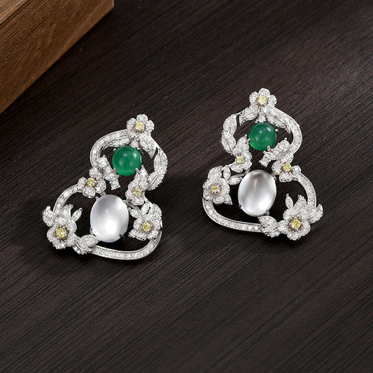 S925 Sterling Silver Earrings Women's High-end Sense Hollow Chalcedony Gourd Stud Earrings Exquisite Creative Versatile Earrings