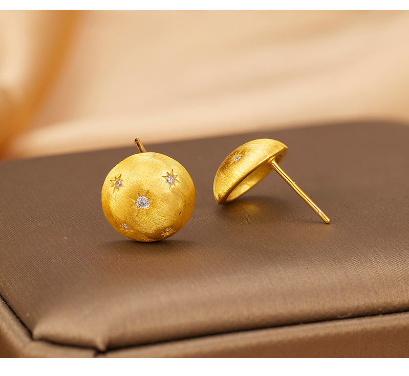 S925 Sterling Silver Stud Earrings Women's Medieval Gilt Round Star Earrings