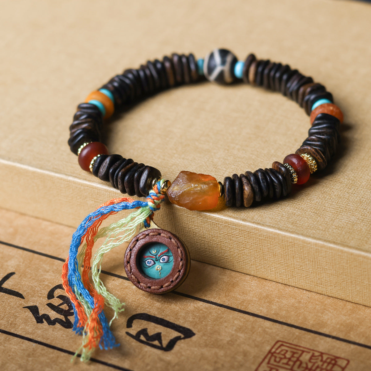 Buddha Life Daragan Agarwood Bracelet Cowhide Sewn Painted Five-way God of Wealth Thangka Pendant Female