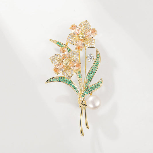 Colored Zircon Natural Freshwater Pearl Bouquet Brooch