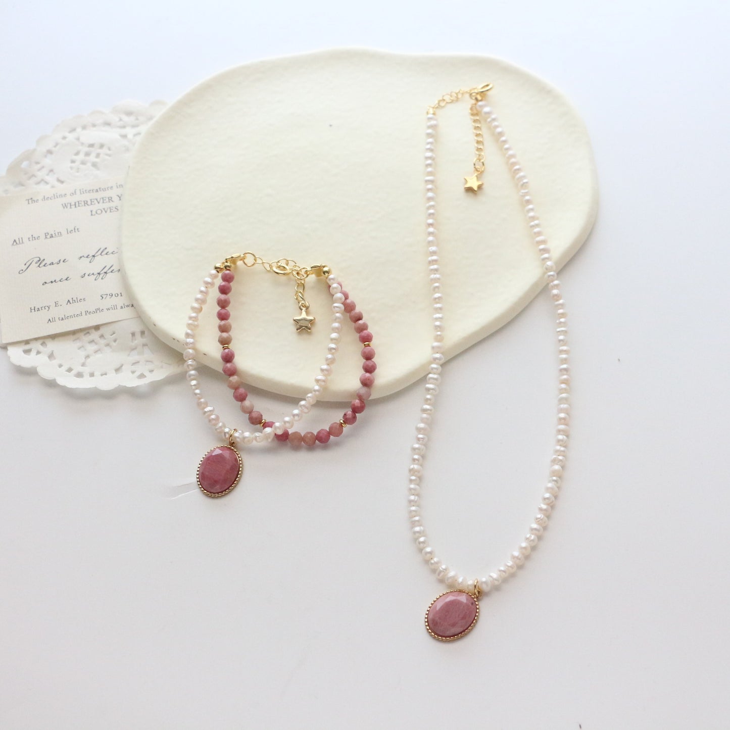 Buddha Life Water Lily Series Red Pink Pearl Necklace Bracelet Ring
