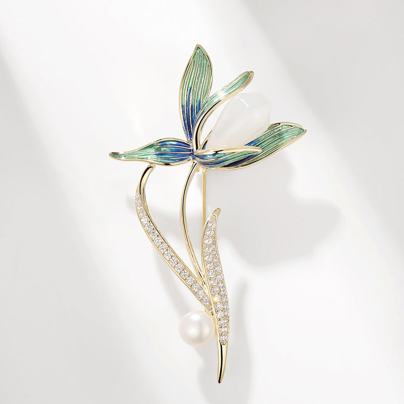 Magnolia Brooch Enamel Natural Stone Freshwater Pearl