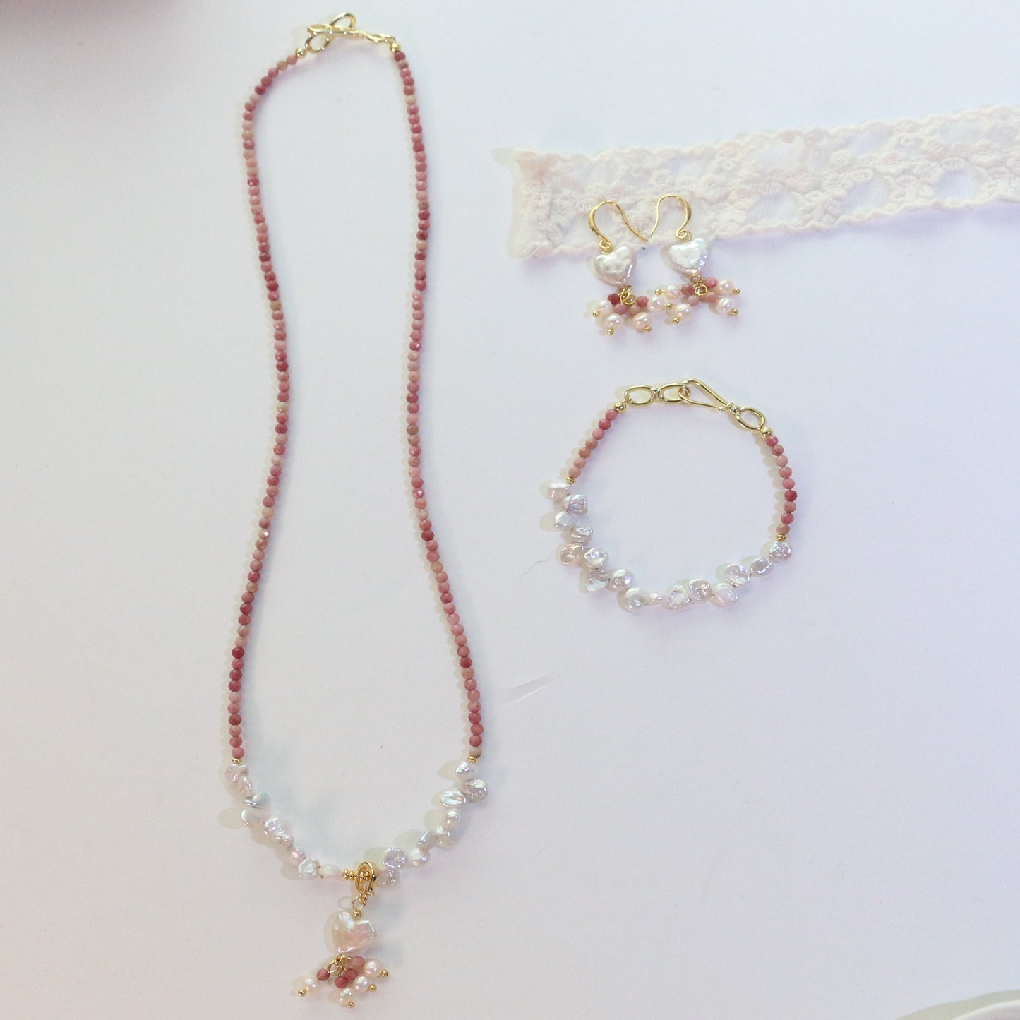 Buddha Life Water Lily Series Red Pink Pearl Necklace Bracelet Ring