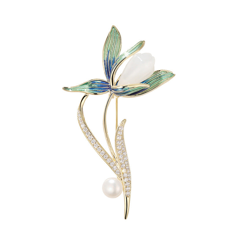 Magnolia Brooch Enamel Natural Stone Freshwater Pearl