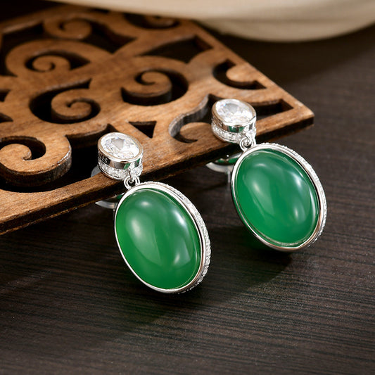 S925 Whole Body Sterling Silver Double-sided Natural Chalcedony Stud Earrings, Earrings, Egg Surface Earrings