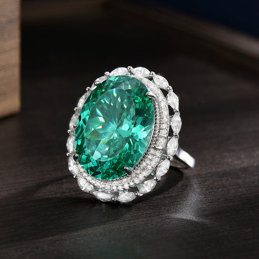 Dapaza S925 Sterling Silver Ring High Luxury Ice Flower Cut Open Ring Green Diamond Ring Women's Fashion Ring