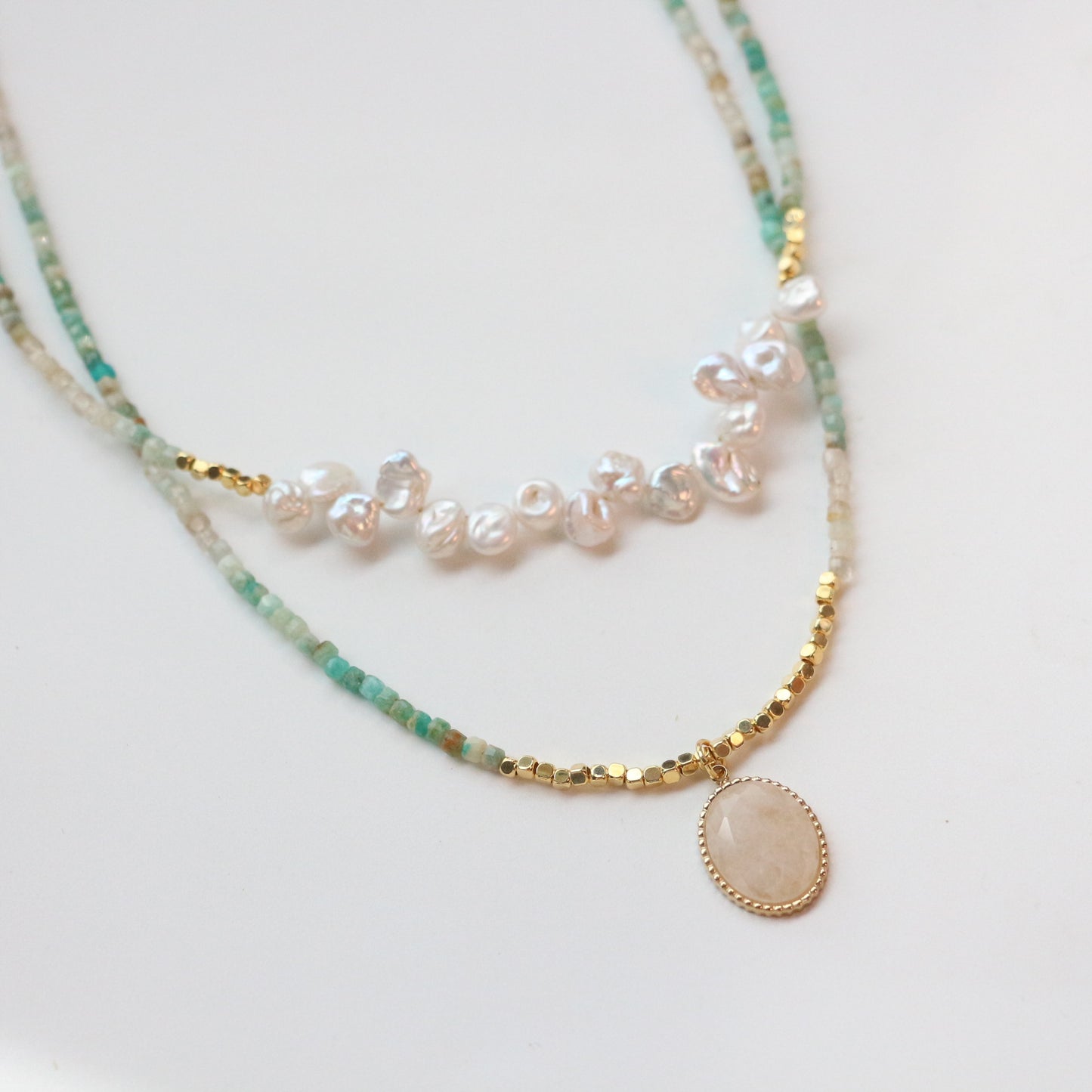 Buddha Life Natural Hetian Stone with Baroque Pearls, Necklace Bracelet, Copper-plated 18k Gold