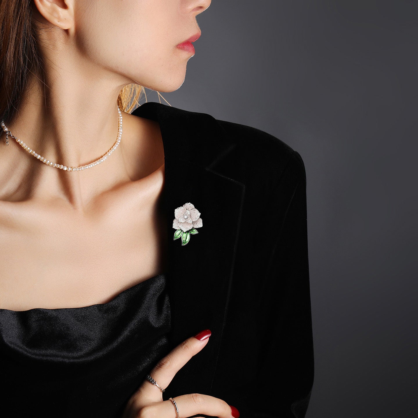 Crystal & Rose Quartz Peony Floral Brooch Pin