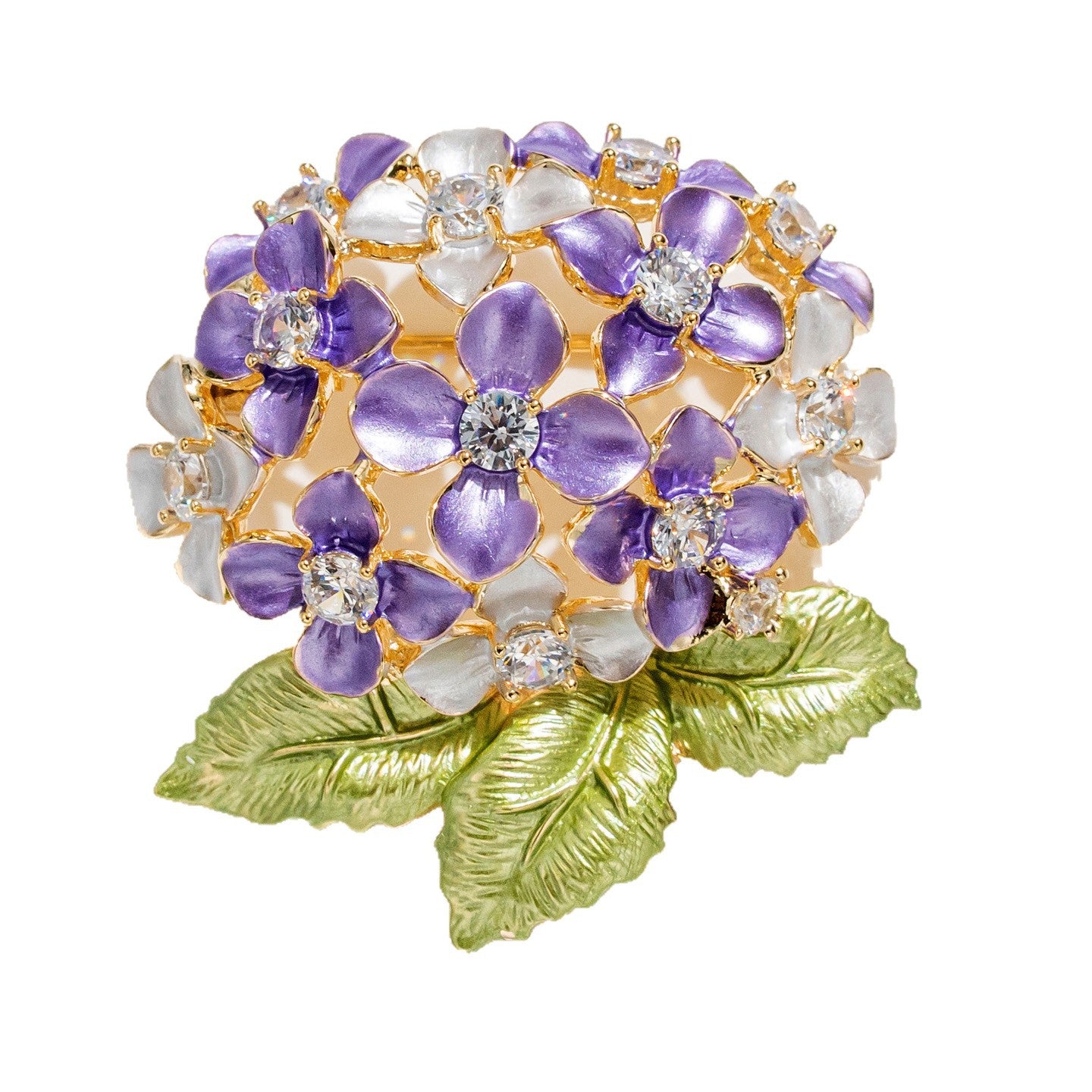 Vintage Enamel Hydrangea Brooch – Crystal & Zircon Copper Floral Pin