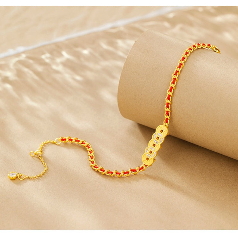 Five Emperors Money Bracelet Red Rope Women's 925 Sterling Silver Year of The Snake Birthday Year Niche Design Hand Jewelry