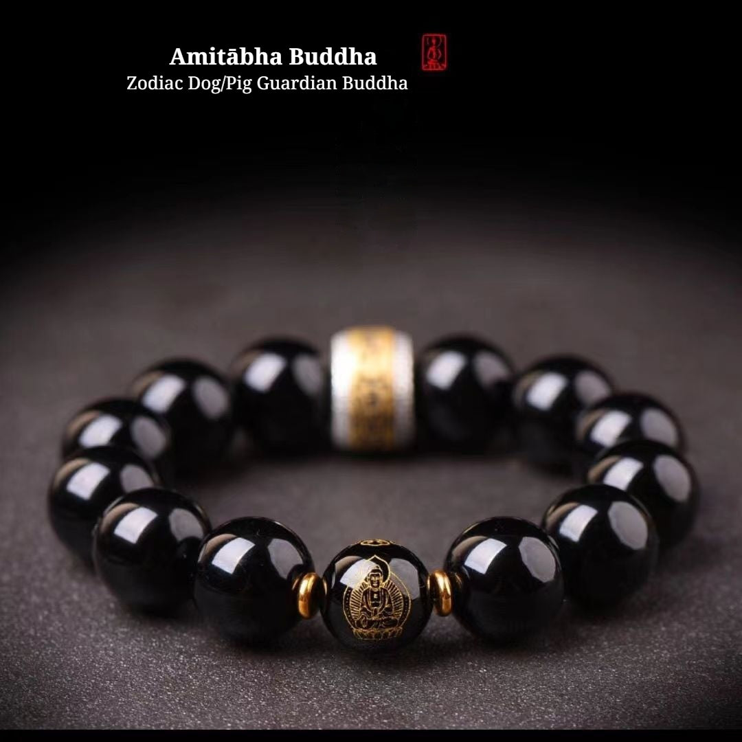 The Twelve Zodiac Signs Natal Buddha Guardian Buddha Ebony Black Obsidian Bracelet
