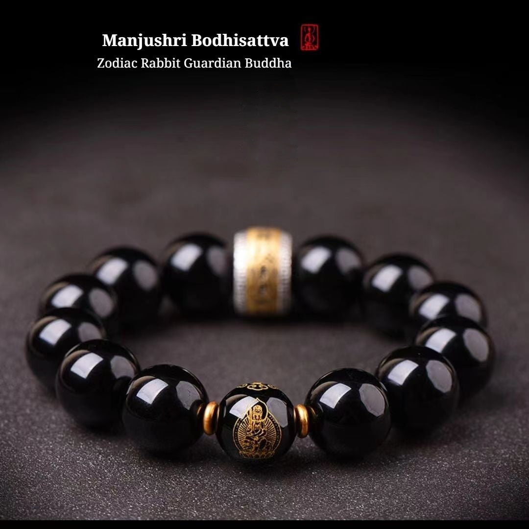 The Twelve Zodiac Signs Natal Buddha Guardian Buddha Ebony Black Obsidian Bracelet