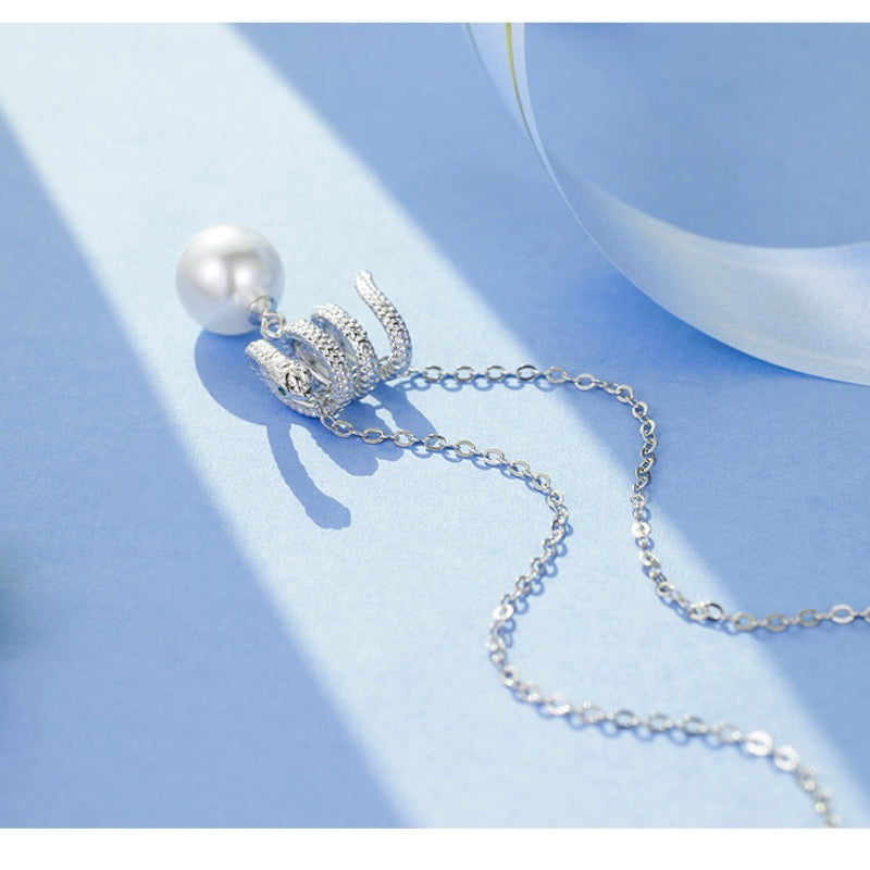 Snake Design Necklace 925 Sterling Silver Niche Design Trend Green Eye Zodiac Australian White Pearl Collarbone Chain