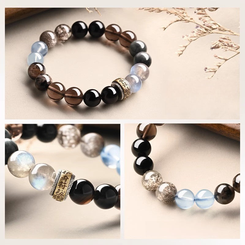 Buddha Life Wu Xing Five Phases Bracelet Obsidian Aquamarine Moonstone Ghost Eagle Eye Crystal Bracelet Men's and Women's