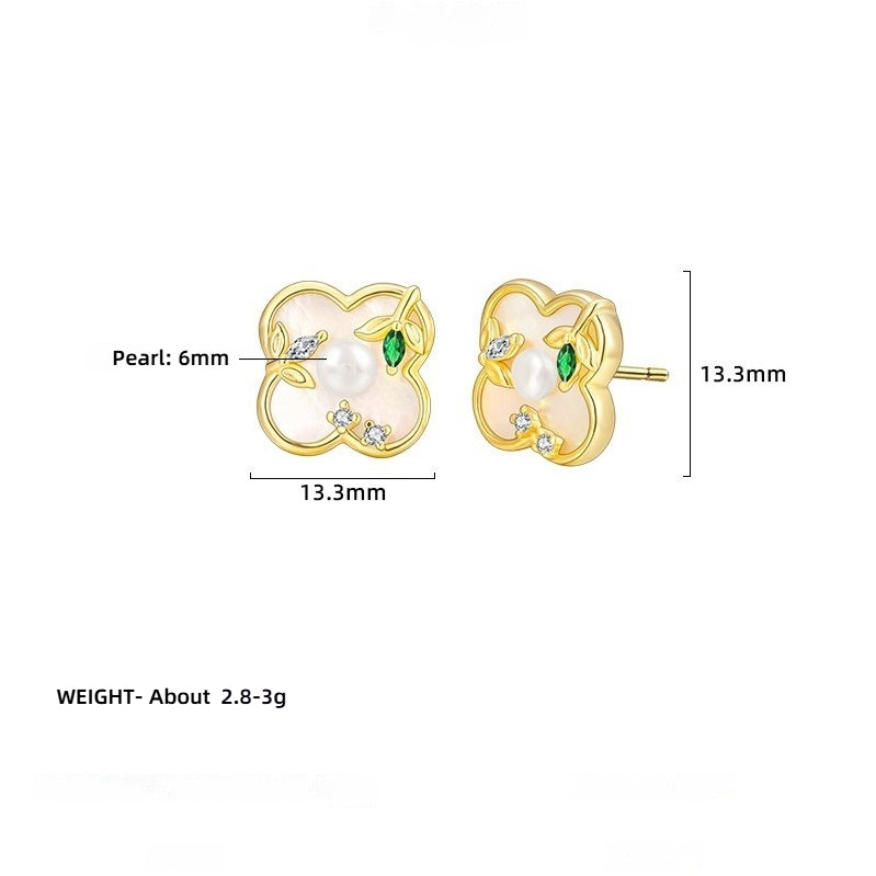 INS Hot-selling 925 Sterling Silver Lucky Grass Pearl Stud Earrings Women's Niche Design High-end Light Luxury Earrings