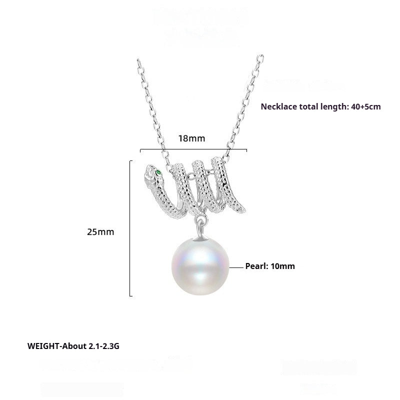 Snake Design Necklace 925 Sterling Silver Niche Design Trend Green Eye Zodiac Australian White Pearl Collarbone Chain