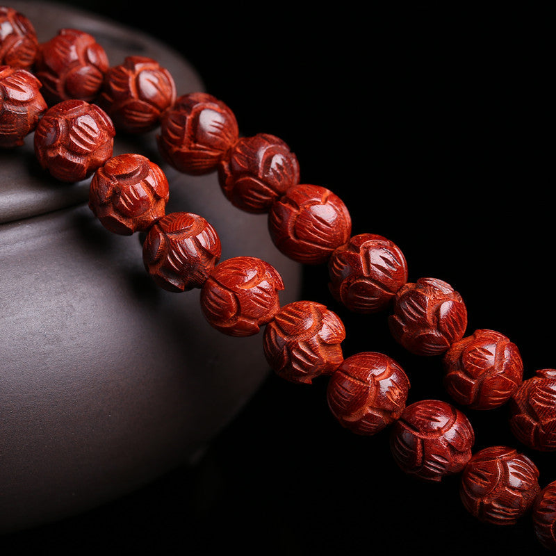 Buddha Life Small Leaf Red Sandalwood 108 Buddha Mala Beads Bracelet