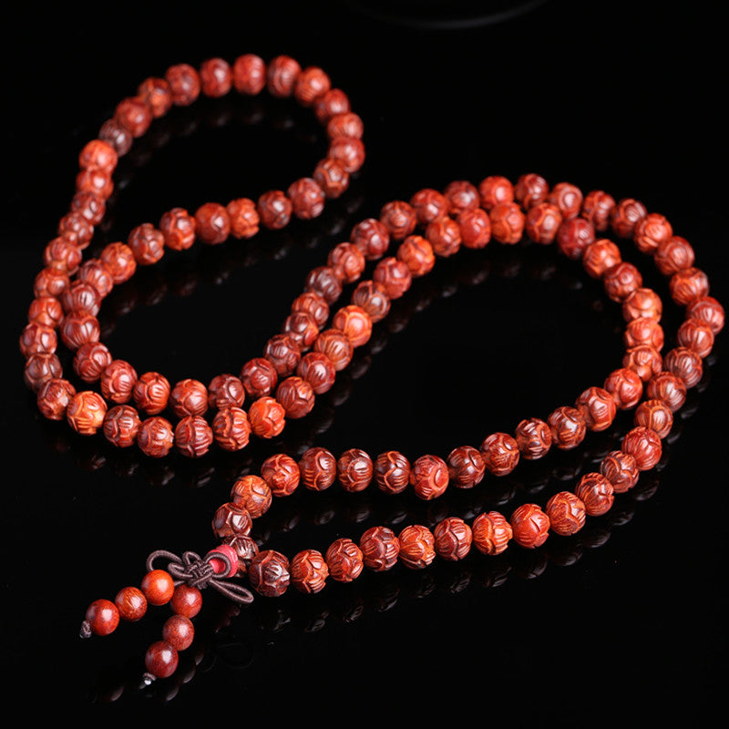 Buddha Life Small Leaf Red Sandalwood 108 Buddha Mala Beads Bracelet