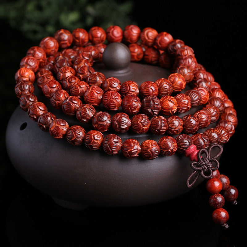 Buddha Life Small Leaf Red Sandalwood 108 Buddha Mala Beads Bracelet