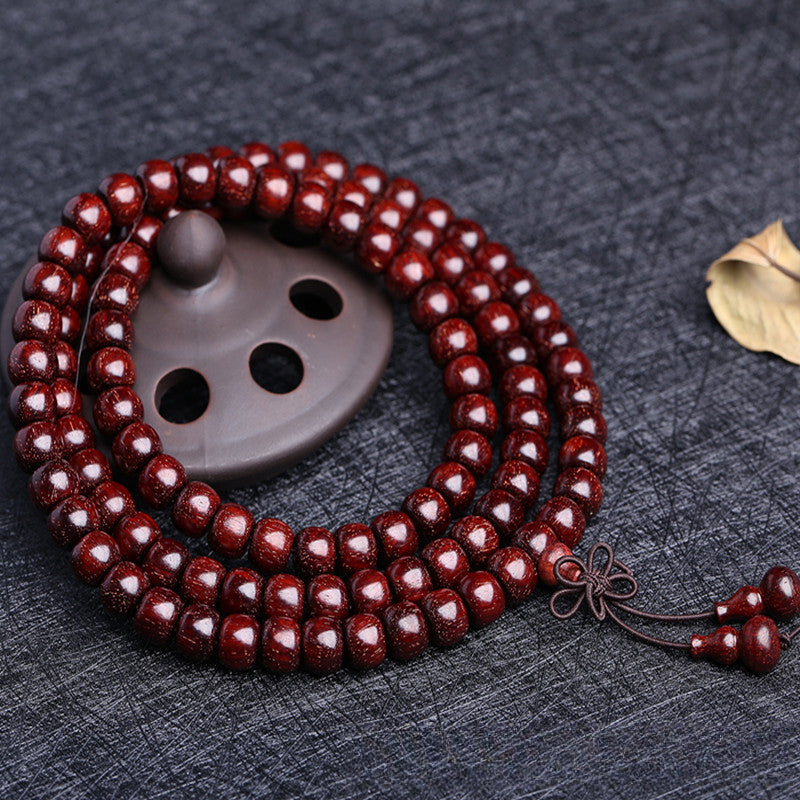 Buddha Life 108 Buddha Mala Beads Bracelet with Small Leaf Red Sandalwood and The Cow Hair Pattern Is Full of Gold Stars
