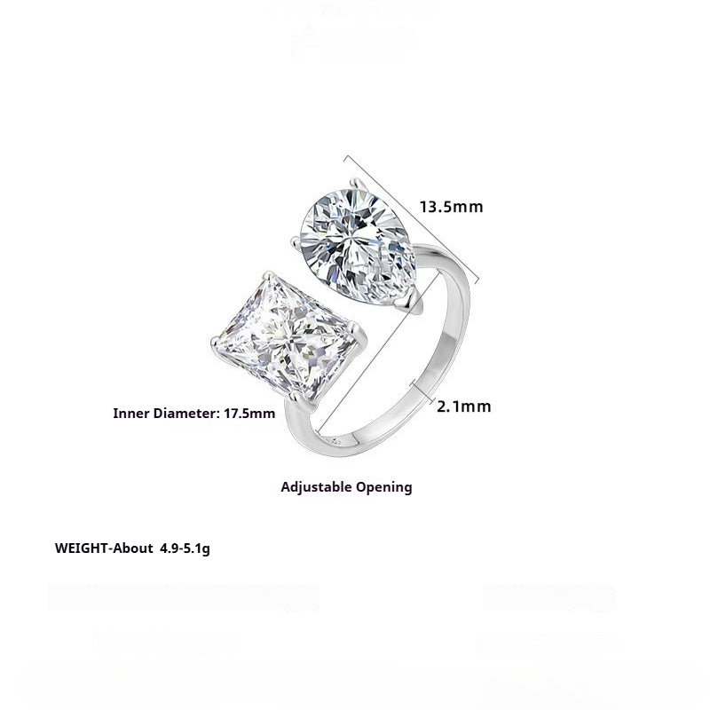 S925 Sterling Silver Ring Water Drop Large Sugar Cube Geometric Design Niche Personality Trend Opening Adjustable Ring