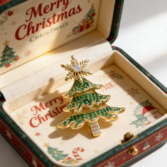 8K Gold Plated Rotating Snowflake Christmas Tree Brooch