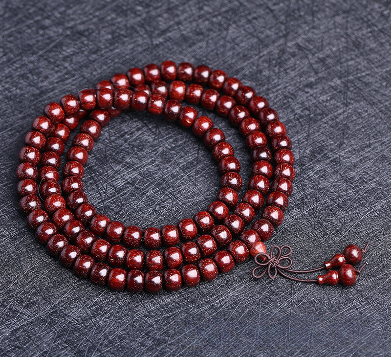 Buddha Life 108 Buddha Mala Beads Bracelet with Small Leaf Red Sandalwood and The Cow Hair Pattern Is Full of Gold Stars