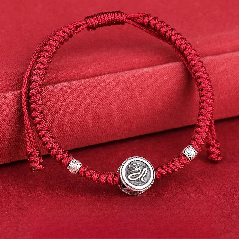 Buddha Life S925 Sterling Silver Zodiac Hand Rope Women's 2025 Year of The Snake Natal Year Red Rope