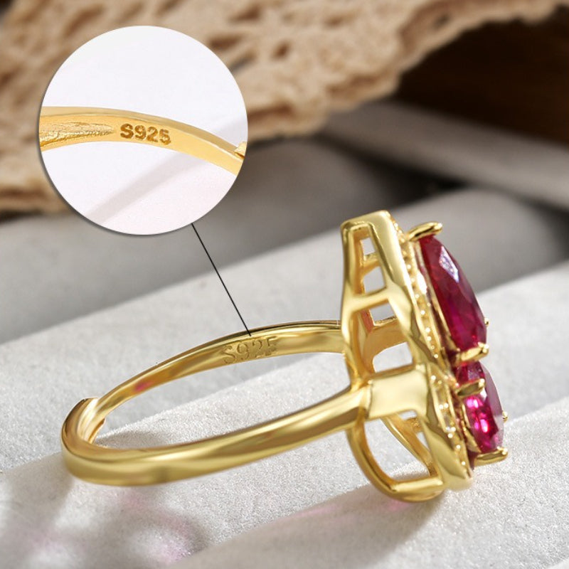 S925 Sterling Silver Luxury Gourd Corundum Ring Gold Diamond Inlaid Adjustable Opening Women's Ring Birthday Gift