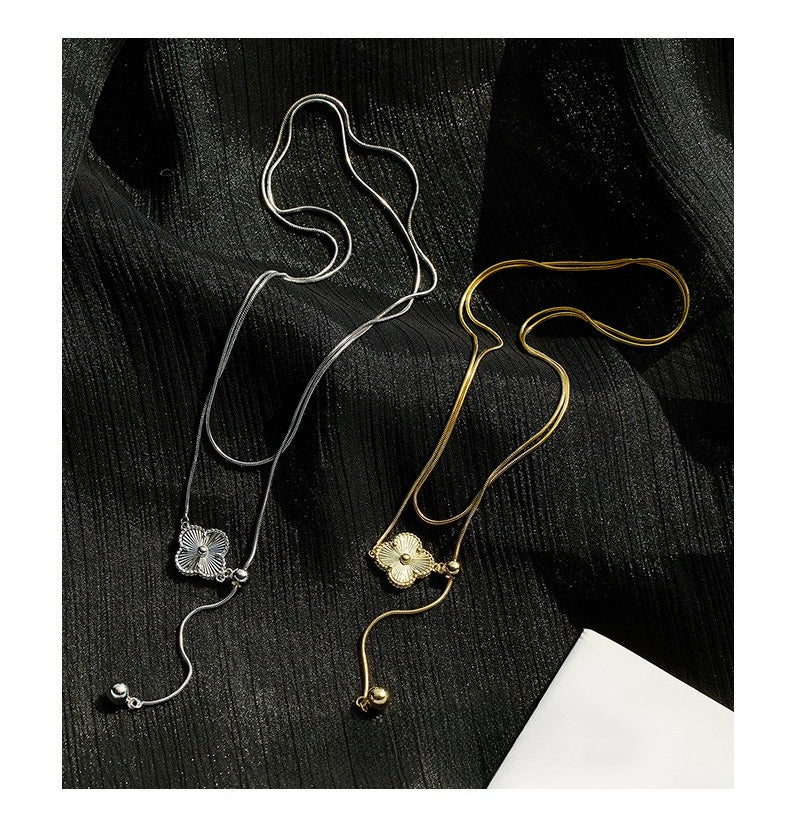 Sweater Chain Autumn and Winter Long 925 Sterling Silver Three-dimensional Lucky Grass Adjustable Necklace