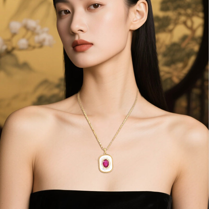 New S925 Silver Fritillary Pendant Light Luxury Ruby Geometric Necklace Whole Body S925 Silver Fashion Classic Pendant