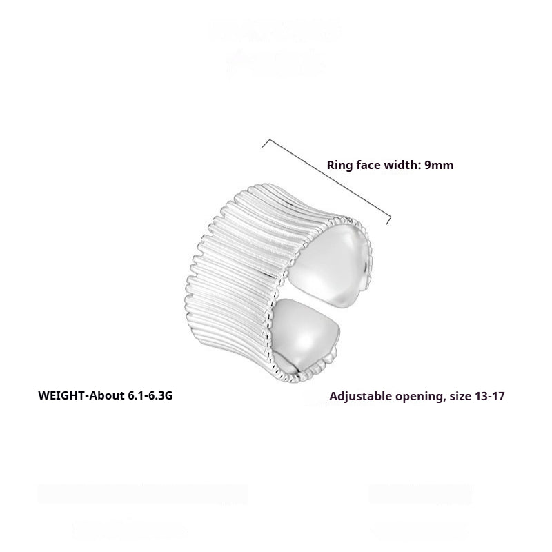 Niche Design 925 Sterling Silver Pleated Wide-sided Geometric Striped Opening Adjustable Ring