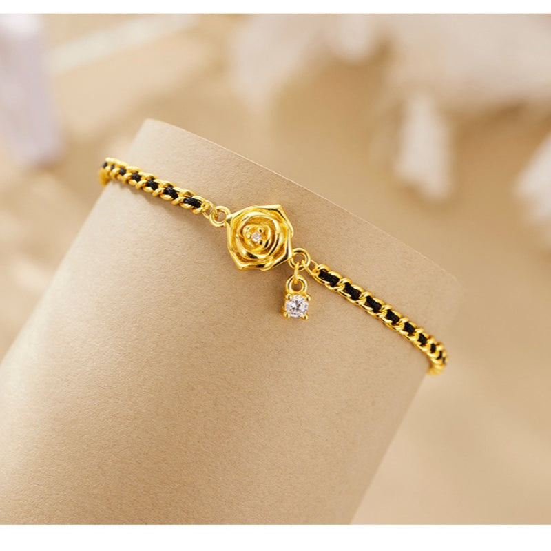 2025 Popular Bracelet Light Luxury High Sense 925 Sterling Silver Black Gold Camellia Woven Hand Jewelry