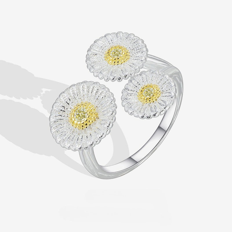Dapaza Niche Premium Sense S925 Sterling Silver Italian Brushed Vintage Small Daisy Open Ring