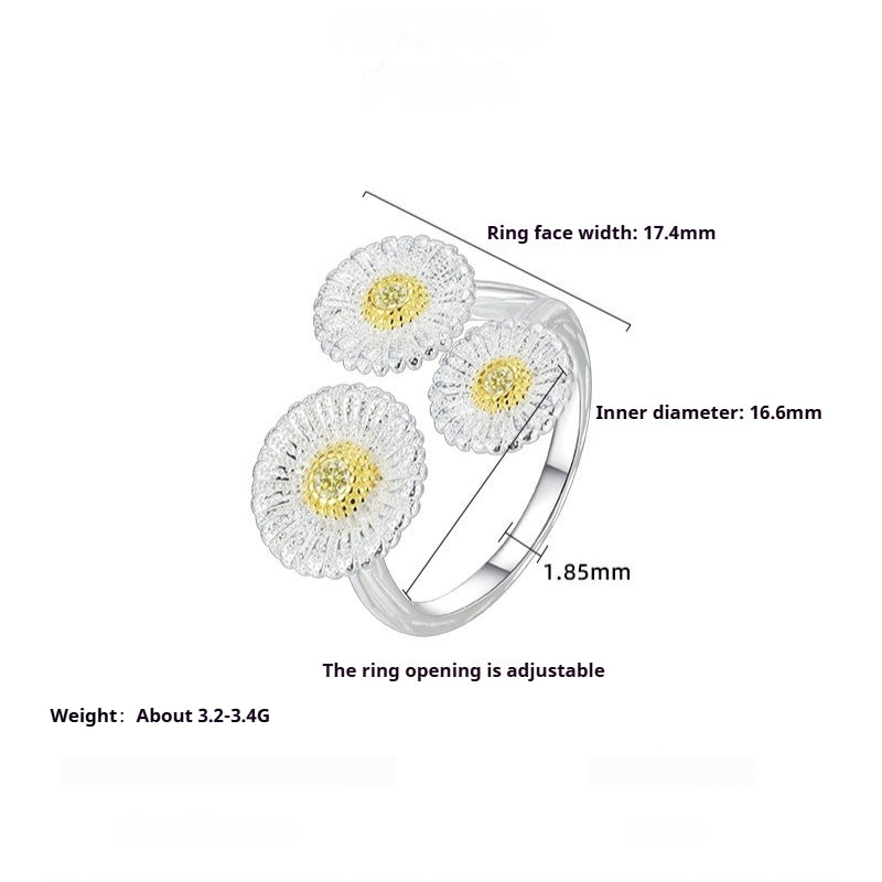 Dapaza Niche Premium Sense S925 Sterling Silver Italian Brushed Vintage Small Daisy Open Ring