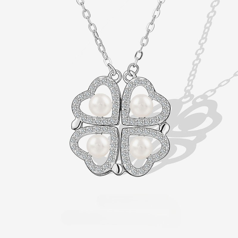 925 Sterling Silver Micro-inlaid Zircon Two Wearing Four-leaf Love Pearl Necklace Women's Niche Design Collarbone Chain