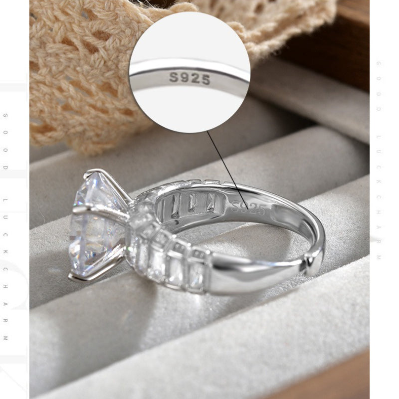 High-end French Super Flash Bright Mozzarella Diamond Large Carat Round S925 Sterling Silver Ring Light Luxury Open Women's Ring