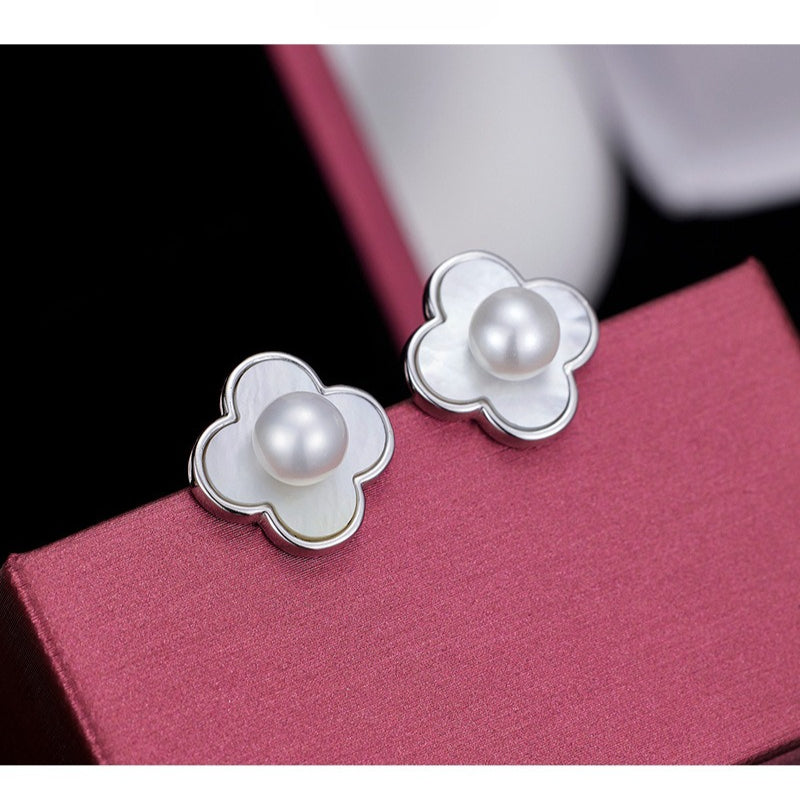 S925 Sterling Silver French Lucky Grass Mother Pearl Earrings Ear Jewelry
