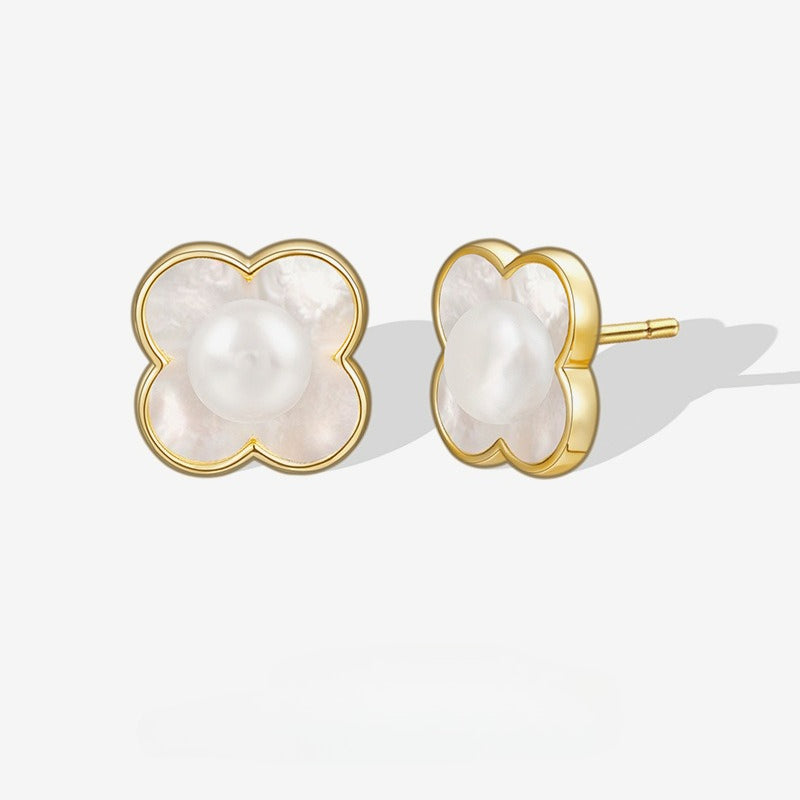 S925 Sterling Silver French Lucky Grass Mother Pearl Earrings Ear Jewelry