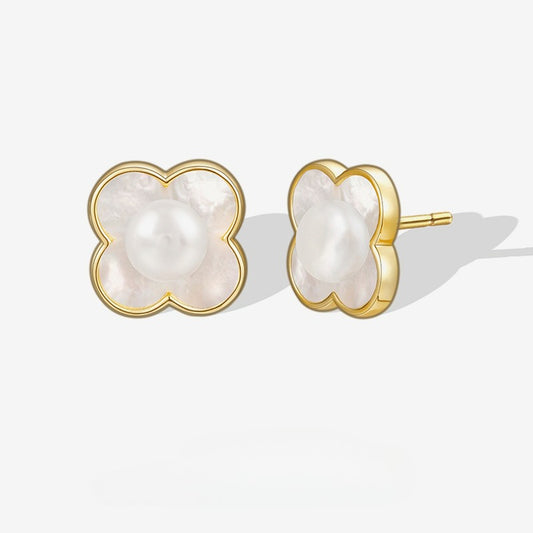 S925 Sterling Silver French Lucky Grass Mother Pearl Earrings Ear Jewelry