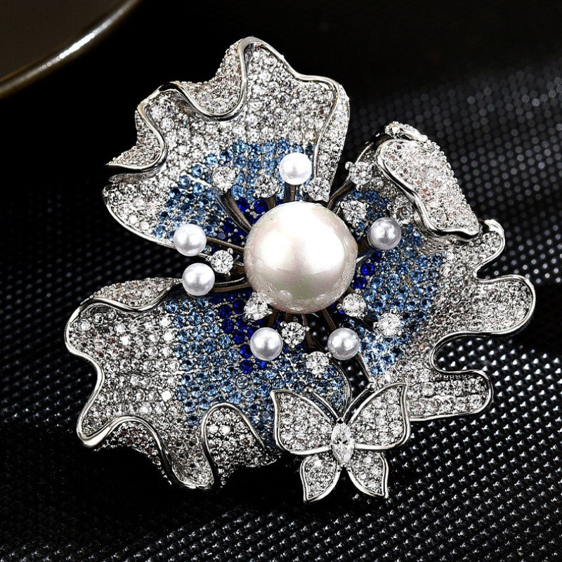 New Elegant Pearl Flower Brooch Retro High-end Full Diamond Zircon Flower Clothing Corsage