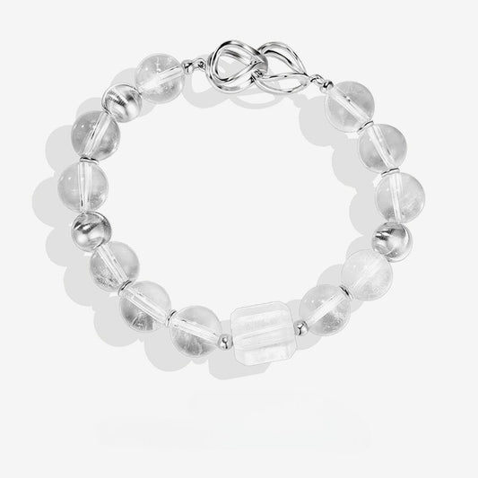 S925 Sterling Silver Natural White Crystal Round Bead 8-character Buckle Bracelet