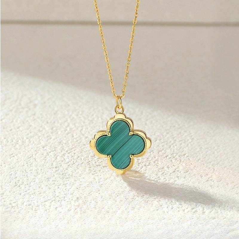 Dapaza Lucky Clover S925 Sterling Silver Natural Malachite Pendant Necklace
