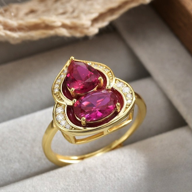 S925 Sterling Silver Luxury Gourd Corundum Ring Gold Diamond Inlaid Adjustable Opening Women's Ring Birthday Gift