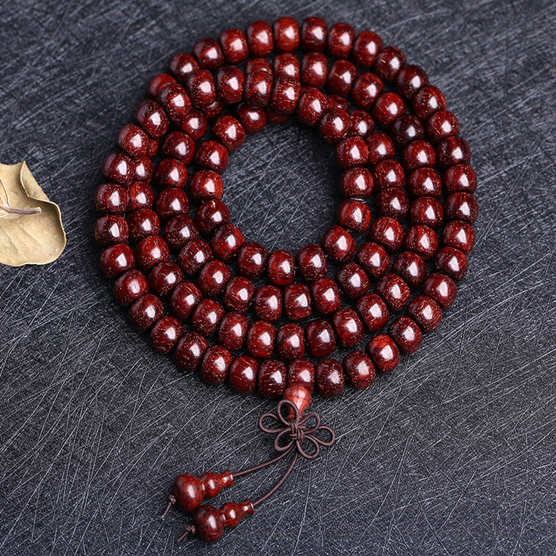 Buddha Life 108 Buddha Mala Beads Bracelet with Small Leaf Red Sandalwood and The Cow Hair Pattern Is Full of Gold Stars