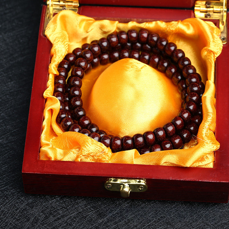 Buddha Life 108 Buddha Mala Beads Bracelet with Small Leaf Red Sandalwood and The Cow Hair Pattern Is Full of Gold Stars