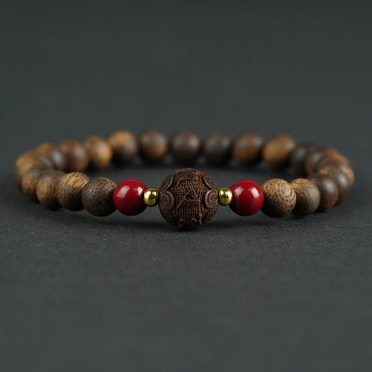 6mm Agarwood Bracelet + Six-character Mantra + 2 Cinnabar Pieces