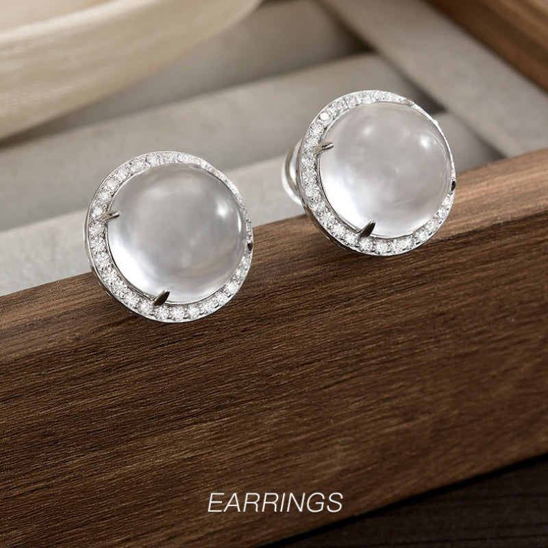 S925 Sterling Silver Stud Earrings High-end Natural Foam Jade Stud Earrings Clear Round Earrings Women's Gift