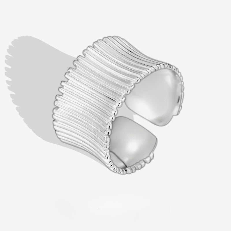 Niche Design 925 Sterling Silver Pleated Wide-sided Geometric Striped Opening Adjustable Ring